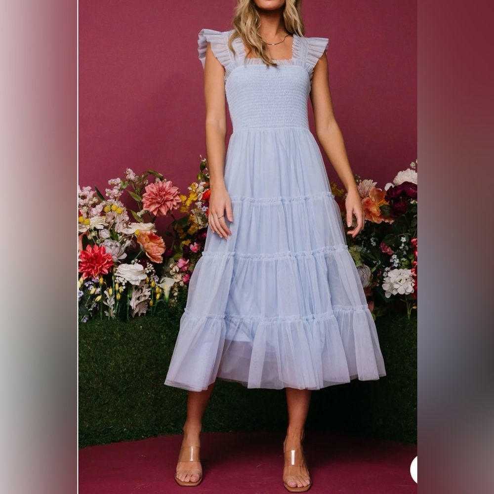 Baltic born Smocked Bodice Tiered Midi Dress in Light Blue large